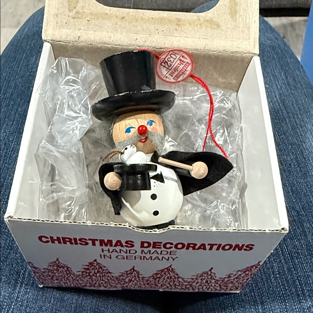Wooden German Magician Ornament with Black Hat and Bunny